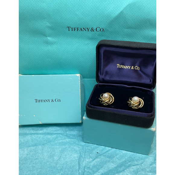 Authentic Tiffany & Co. Solid 14K Gold Clip On Earrings with Akoya Salt Water - Picture 1 of 8